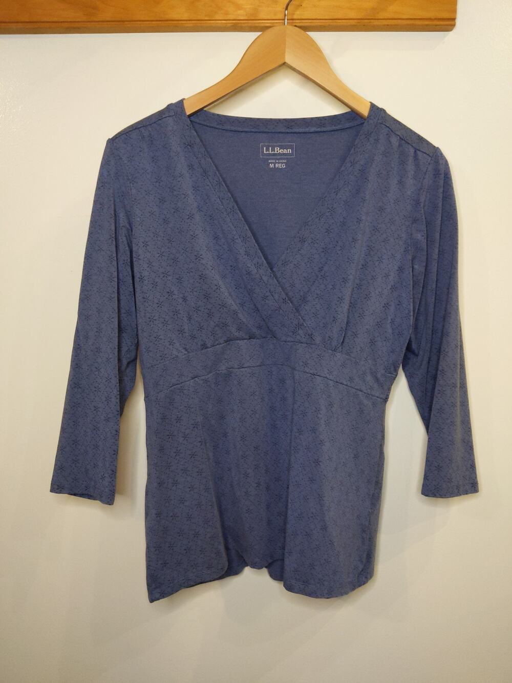 LL Bean Womens M Wrap Top 3/4 Sleeve Empire Waist Blue Tencel Blend